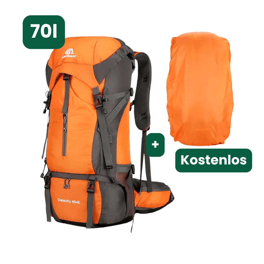 Trekkingrucksack 70 L mit Hüftgurt & Mesh-Rücken – Orange
