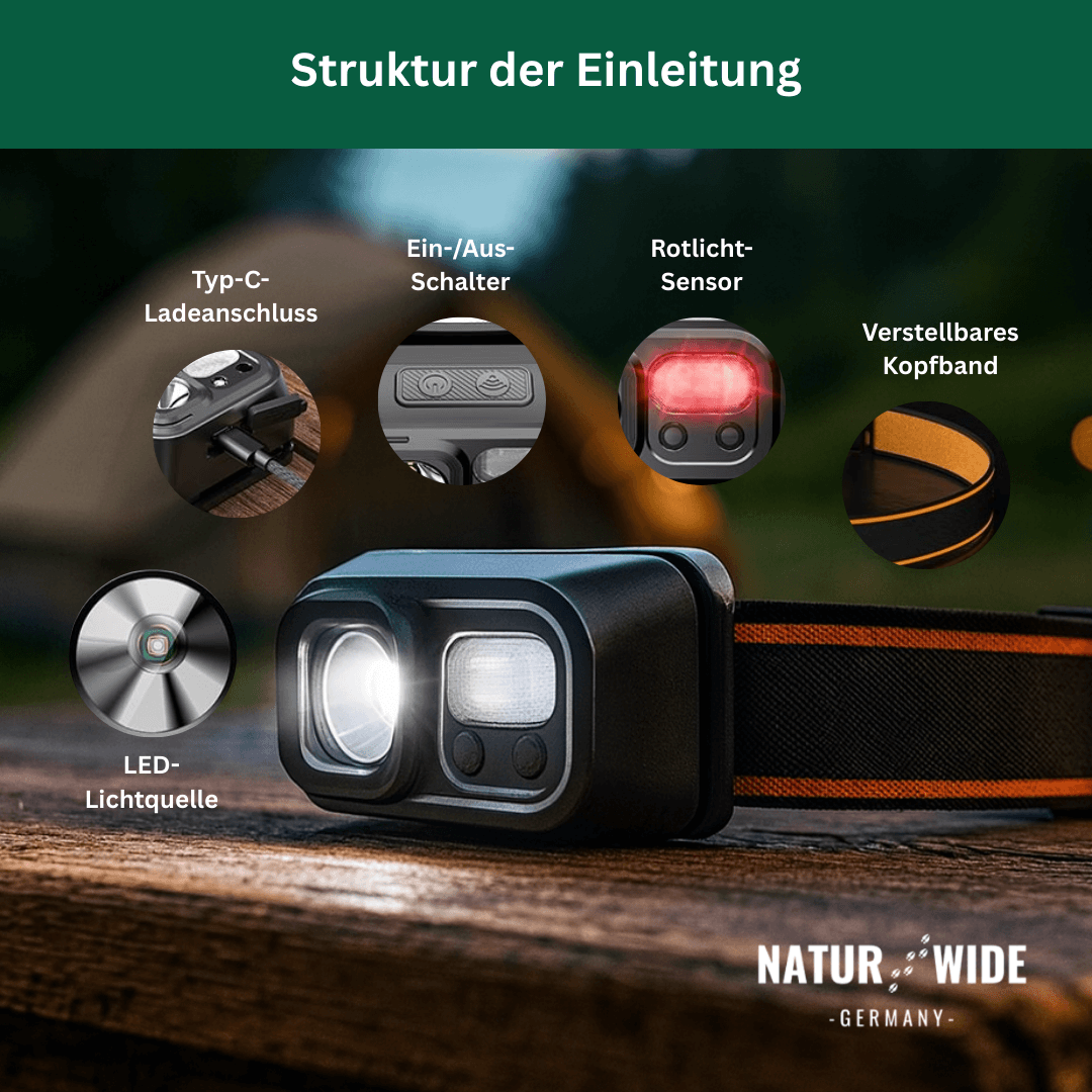 Stirnlampe mit Bewegungssensor, 9 Modi, USB-C – Ansicht 5