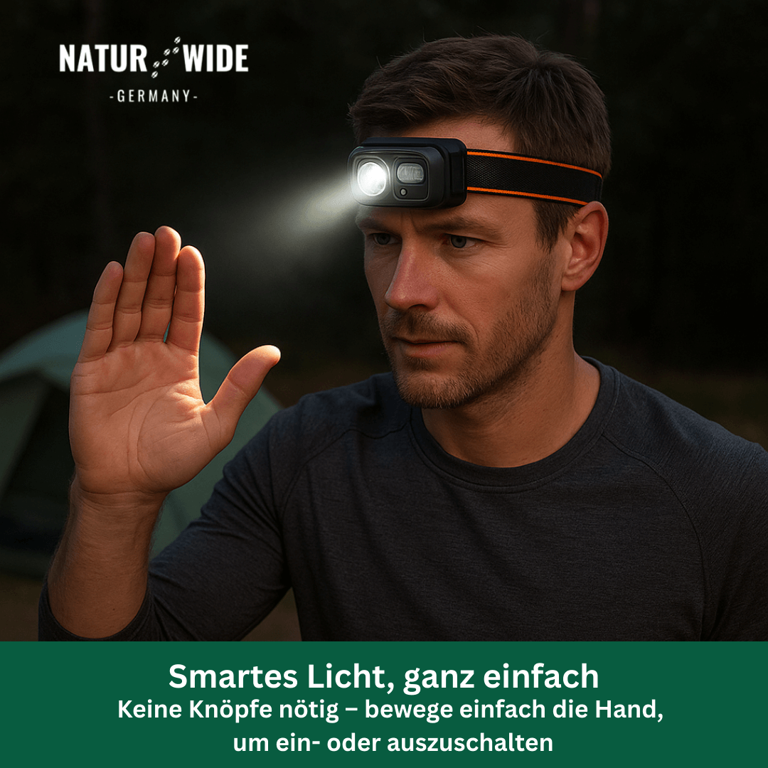 Stirnlampe mit Bewegungssensor, 9 Modi, USB-C – Ansicht 4