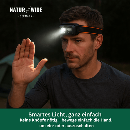 Stirnlampe mit Bewegungssensor, 9 Modi, USB-C – Ansicht 4