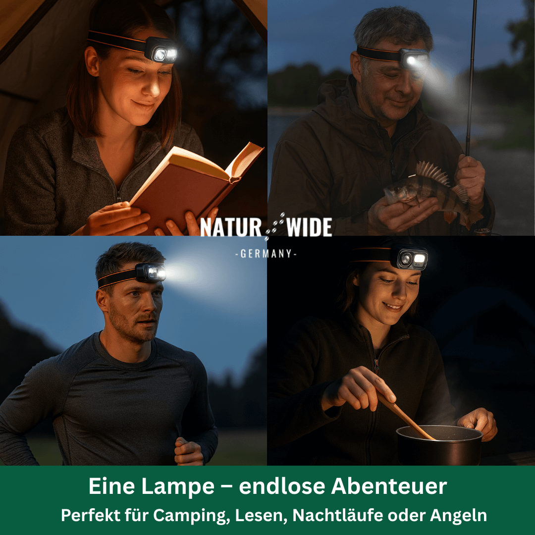 Stirnlampe mit Bewegungssensor, 9 Modi, USB-C – Ansicht 2