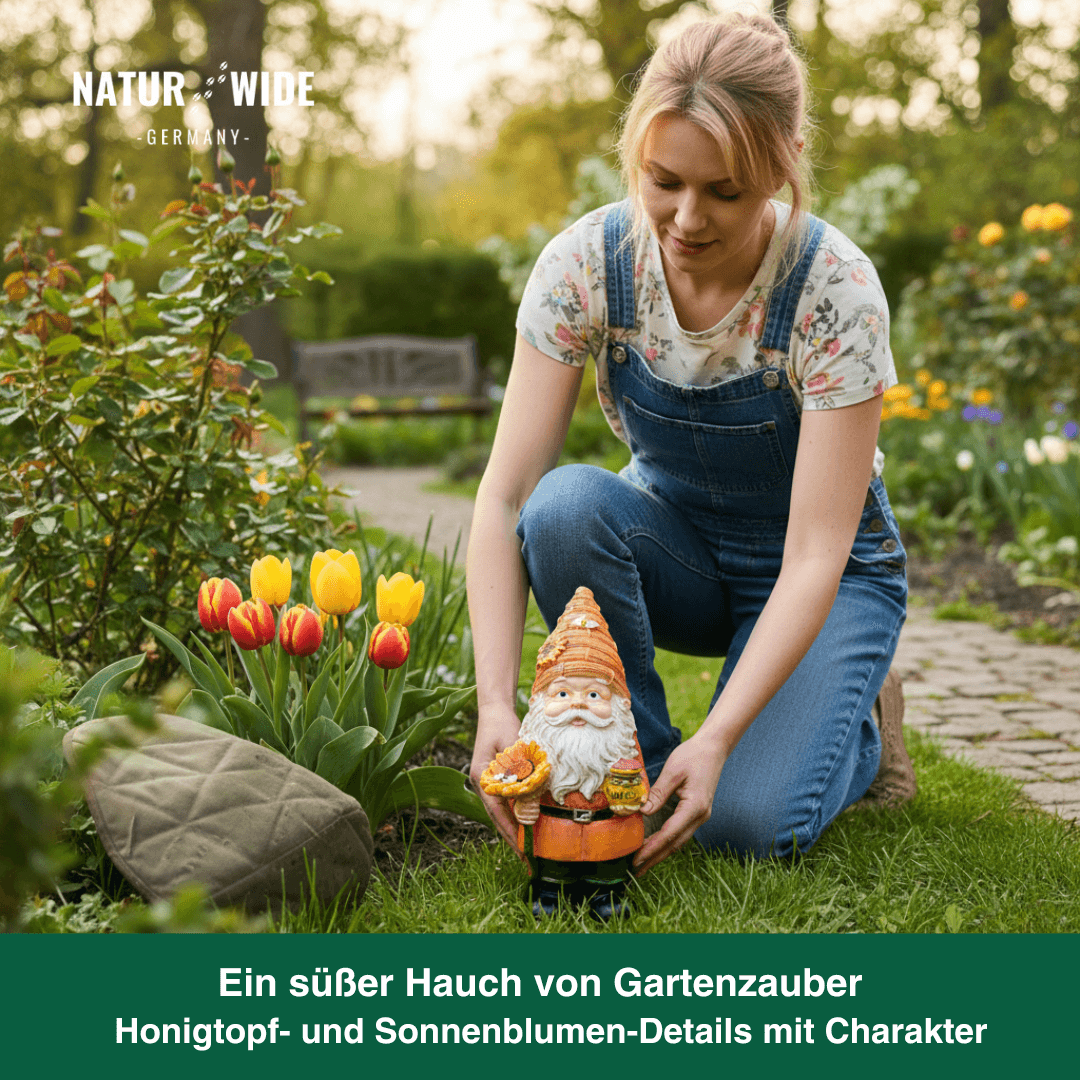 Gartenzwerg als Imker mit Sonnenblume & Honig – Ansicht 4
