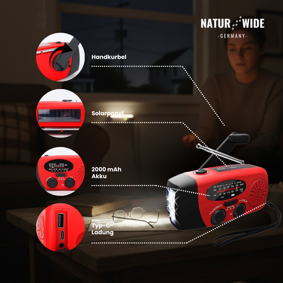 Notfallradio mit Kurbel, Solar & Powerbank – Ansicht 18