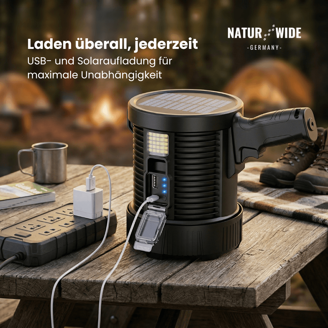 LED-Handstrahler mit Akku, Solar & Powerbank – Ansicht 2