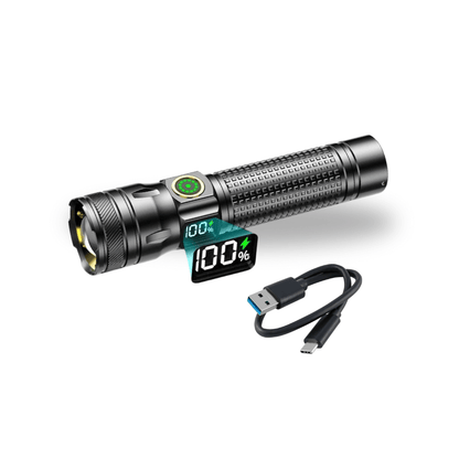 Alu-LED-Taschenlampe mit Zoom und Akkuanzeige