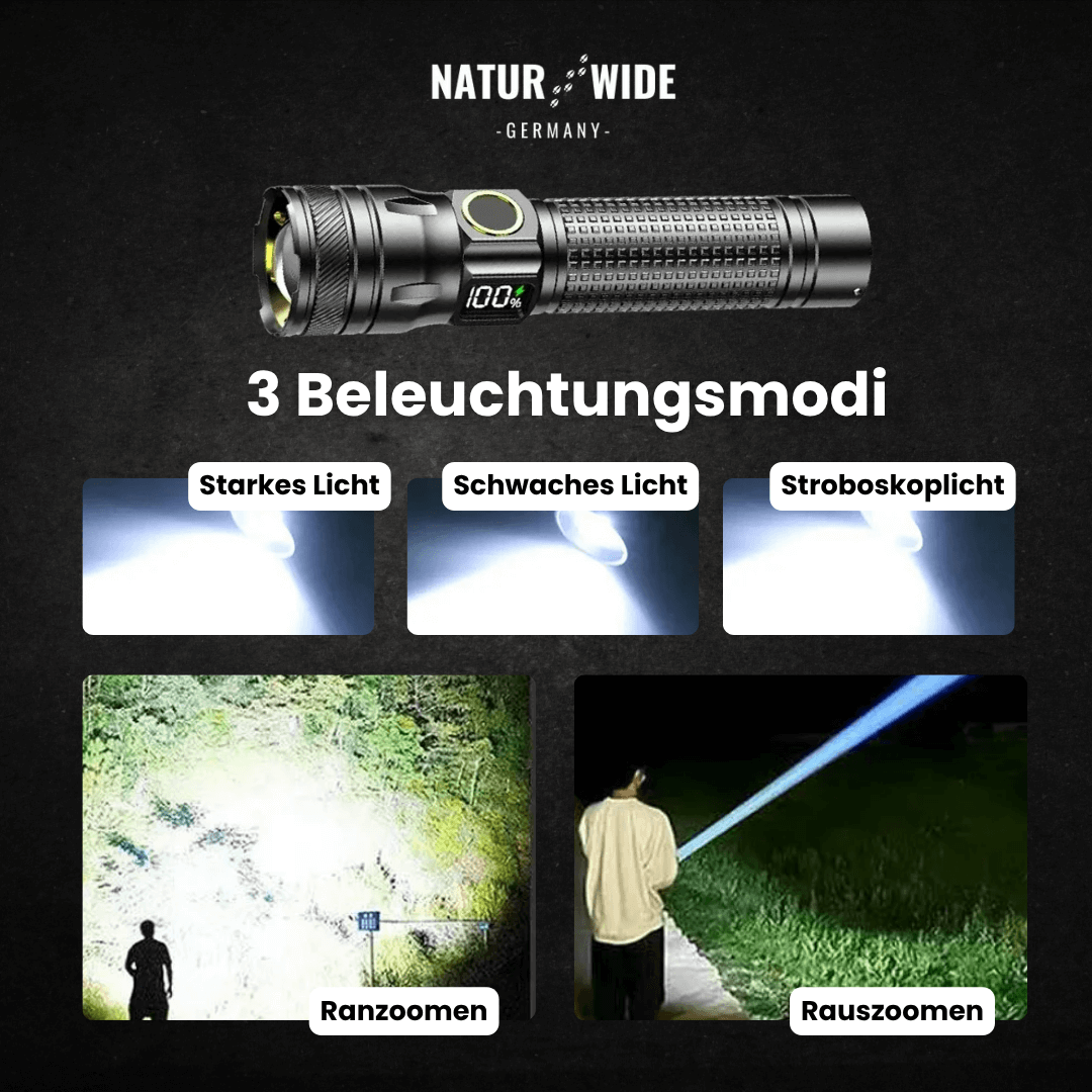 Alu-LED-Taschenlampe mit Zoom und Akkuanzeige – Ansicht 3