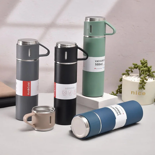 Thermosflasche 500 ml mit 3 Tassen, Edelstahl