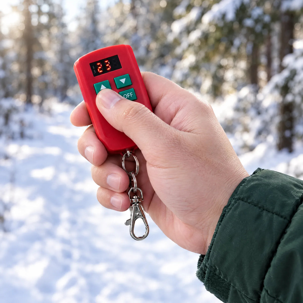 Fernbedienung mit Display in der Hand, draußen im Schnee