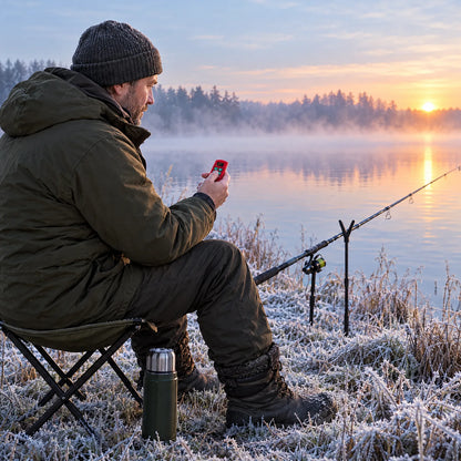Mann beim Angeln am frostigen See mit der Fernbedienung