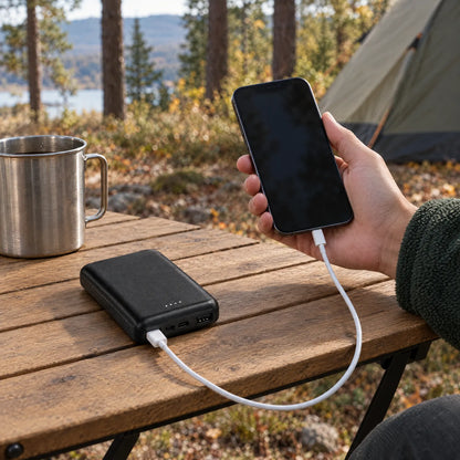 Smartphone wird beim Camping an der Powerbank geladen