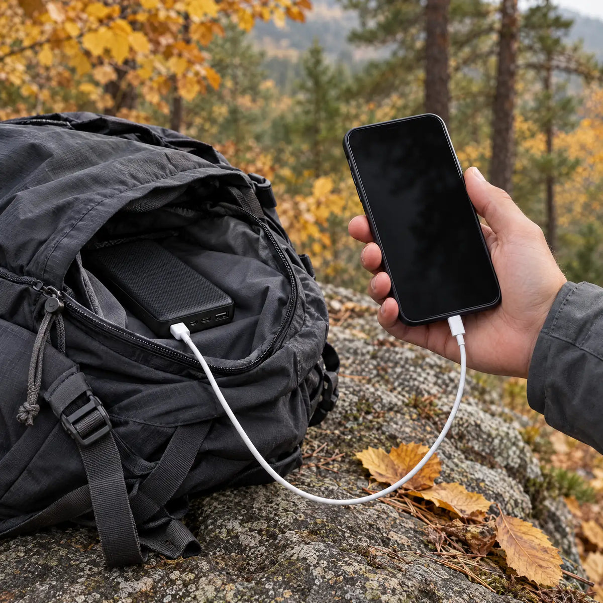 Smartphone wird beim Wandern an der Powerbank aus dem Rucksack geladen