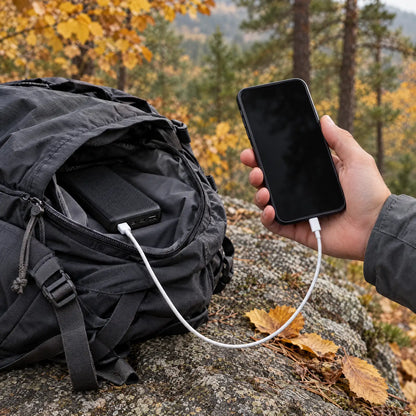 Smartphone wird beim Wandern an der Powerbank aus dem Rucksack geladen