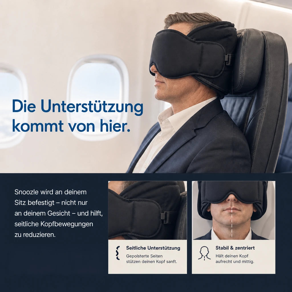 Mann schläft im Flugzeug aufrecht – Snoozle ist an der Kopfstütze befestigt und stützt den Kopf seitlich